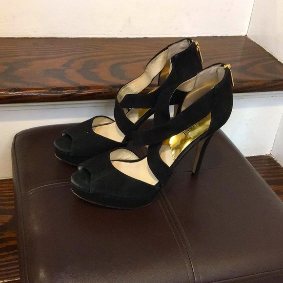 MICHAEL KORS Black Suede Peep Toe Gold Zipper Back High Heel Shoes Sz 8•1/2 - Picture 2 of 10